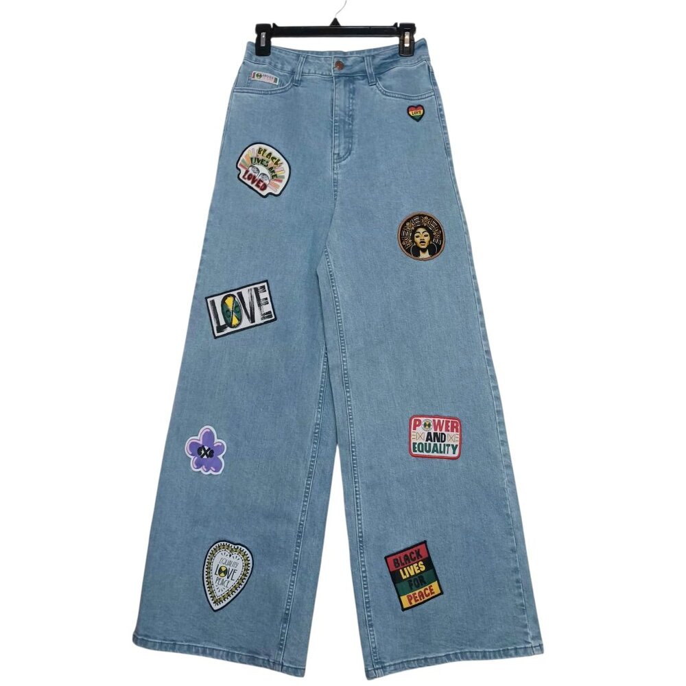 NWOT Cross Colours Women's Wide Leg Patch Jeans 90s Size 26 New